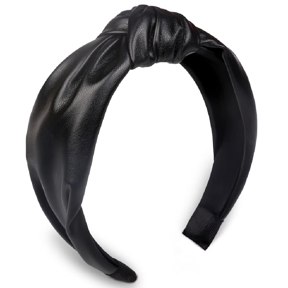 Huachi Knotted Headbands for Women Black, Leather Headbands with Knots Cute Womens Head Bands knotted, Fashion Headband for Women Top Knot Headband for Girls