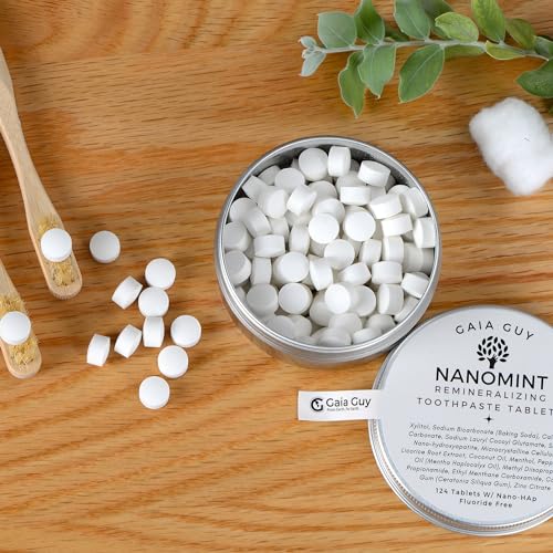 Gaia Guy NanoMint Fluoride-Free Toothpaste Tablets - Remineralize Enamel, Eco-Friendly Travel Mouthwash, 124 Tabs