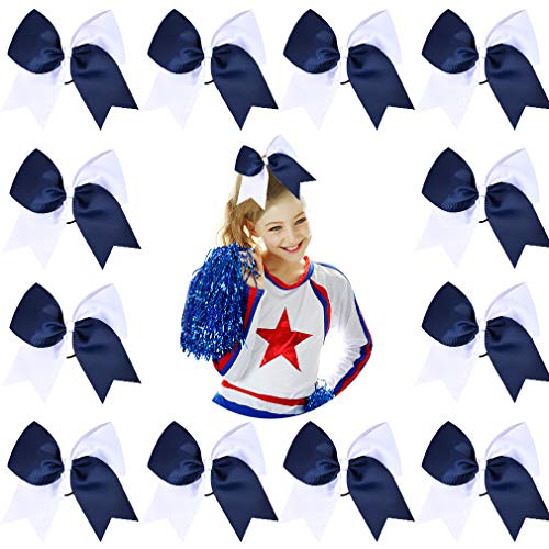 12 Pack 8-Inch Two-Toned Navy Blue and White Cheer Hair Bows for Teen Girls - Hair Ties Included