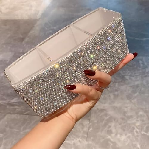 Luxury Silver Acrylic Makeup Brush Holder – Triple-Compartment Organizer