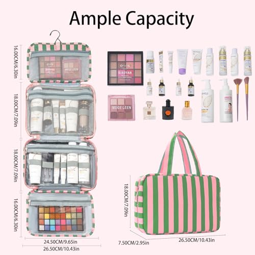 Medium Green Toiletry Bag for Women - Waterproof Makeup Organizer with Hanging Hook