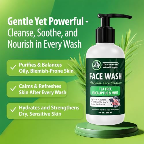 Derma-Nu Tea Tree Face Wash - Natural pH-Balanced Facial Cleanser, 8 oz