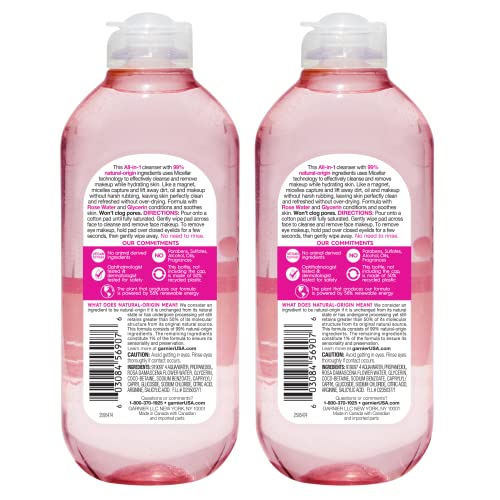 Garnier Micellar Water with Rose & Glycerin, 13.5 Fl Oz (Pack of 2) - Hydrating Facial Cleanser & Makeup Remover for All Skin Types