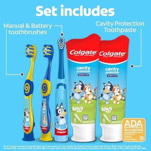Colgate Kids Bluey Toothbrush & Toothpaste Gift Set - 1 Electric, 2 Manual, 2 Fluoride Tubes
