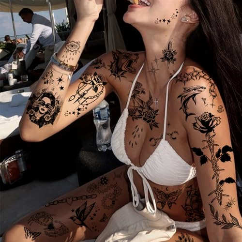 Black Old School Temporary Tattoos for Adults - 300+PCS Retro American Style Fake Arm Tattoos, Waterproof & Easy to Apply