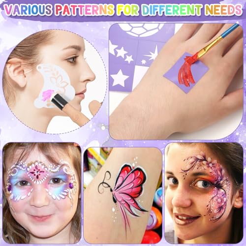 Face Paint Stencils Kit with Brushes & Gems for Halloween & Parties - 55PCS