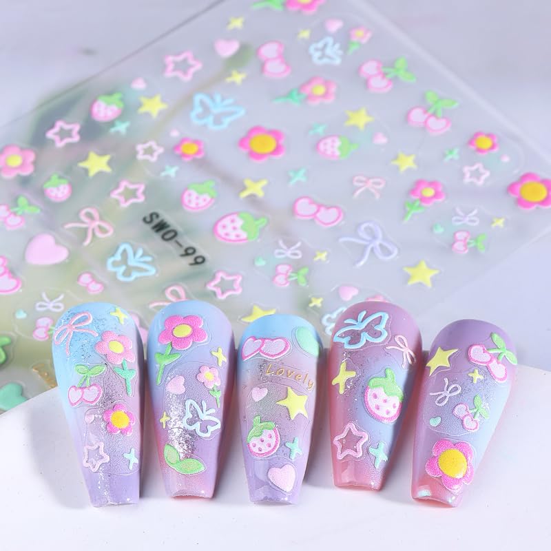 4Pcs 3D Flower Nail Art Stickers - Cherry & Strawberry Design