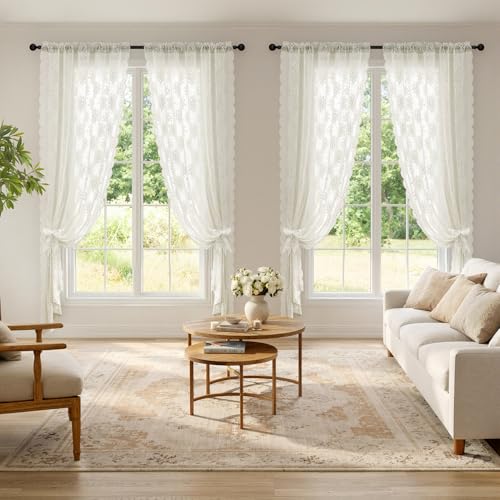 MIULEE Vintage Floral Lace Curtains - 2 Panels, Ivory 52" x 63"