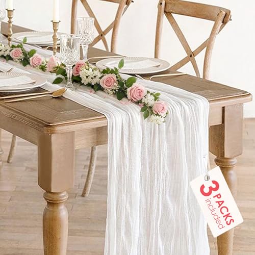 3 Pack White Cheesecloth Table Runners - 35x120 Inch for Weddings & Events