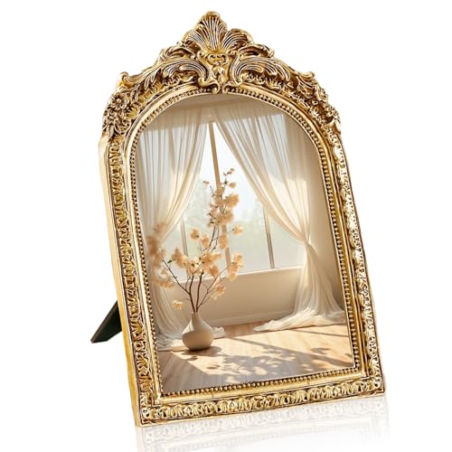 8" Gold Antique Tabletop Mirror with Floral Resin Frame