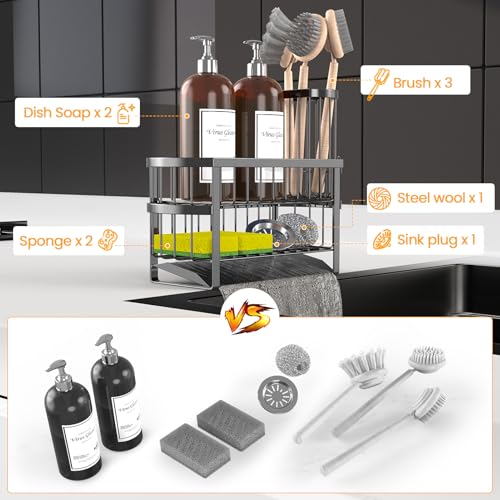 2-Tier Kitchen Sink Organizer Caddy with Brush Holder - Black