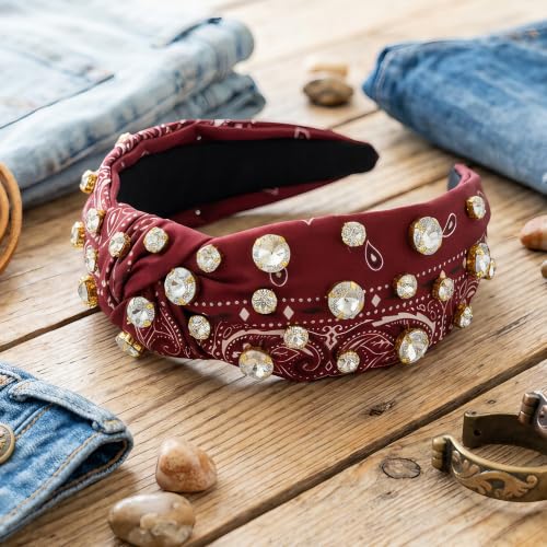 Pantide Bandana Knotted Headband with Paisley & Rhinestones, Red
