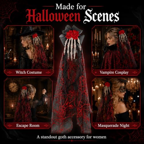 Gothic Skeleton Hand Hair Clip with Rose Veil - 25.2 in