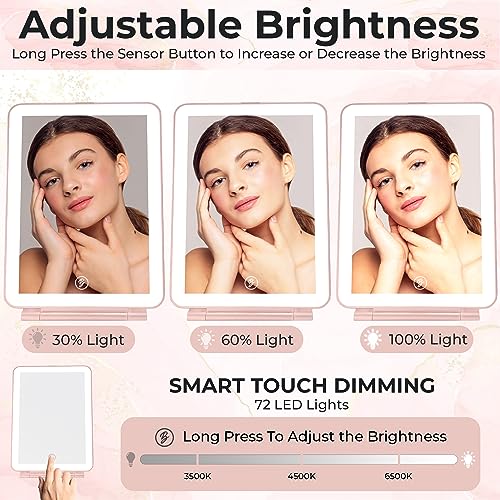 Beltruci Rose Gold Rechargeable Folding Vanity Mirror with 72 LED Lights & 3 Color Modes