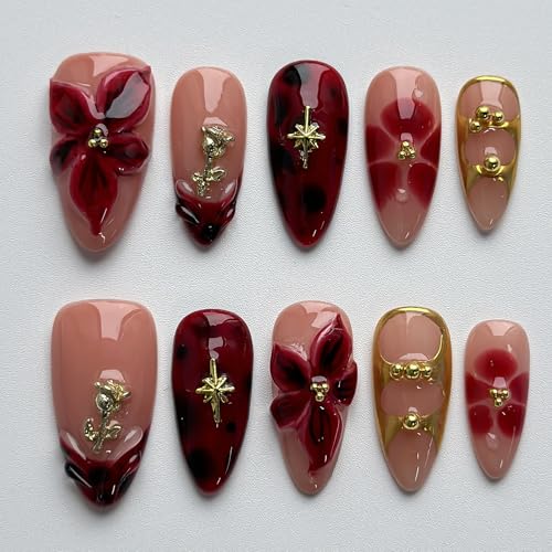 Luxury Medium Almond Press-on Nails - Handmade Red Floral Acrylic Set