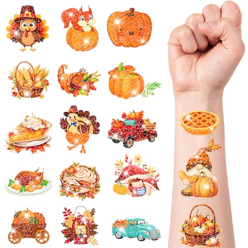 Glitter Thanksgiving Tattoos Set - 12 Sheets of Festive Designs