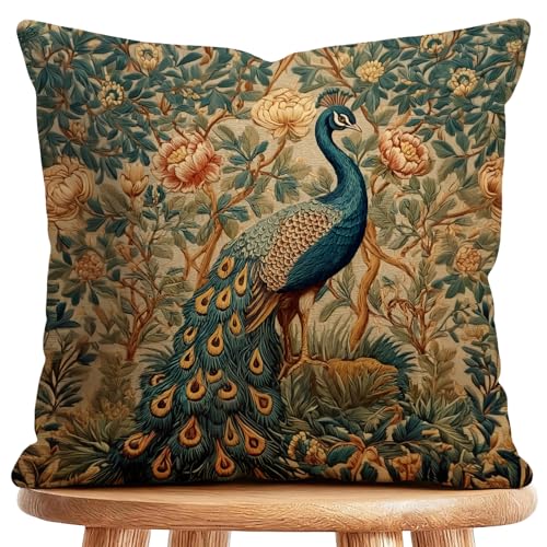 Vintage Peacock Floral Throw Pillow Cover - 18x18 Inch Flannel Cushion