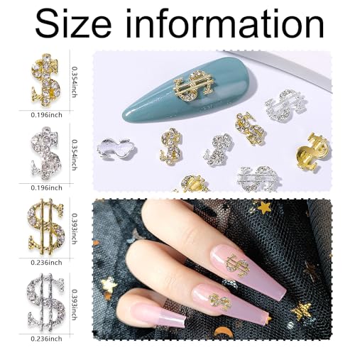 Dollar Sign Nail Charms 20pcs Silver & Gold 3D Rhinestone Nail Art Decorations