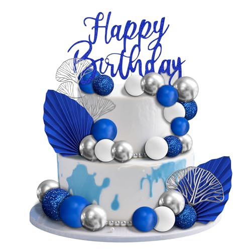 Blue and Gold Ball Cake Toppers - 24-Piece Boho Decoration Set