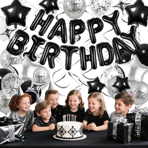 Black and Silver Birthday Decorations Set with Balloons & Banner