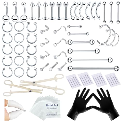TKKUY 80Pcs Nose Piercing Kit - 12G 14G 16G 20G Needles & Stainless Steel Body Jewelry