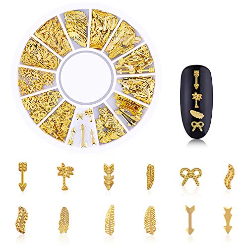 WOKOTO 3D Nail Charms Kit - Gold Nail Art Jewelry with Rose, Star, Moon, Feather Shapes, Includes Tweezers & Picker Pencil - Variation KIT3
