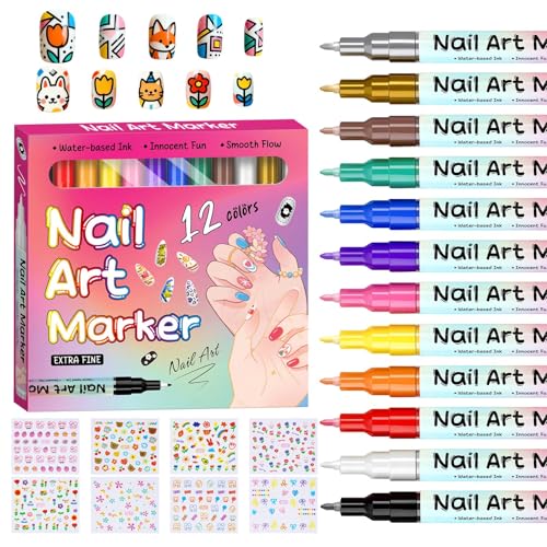 NuSoulra 0.5mm 12-Color Nail Art Pens Set with 15 Nail Stickers for DIY Manicure