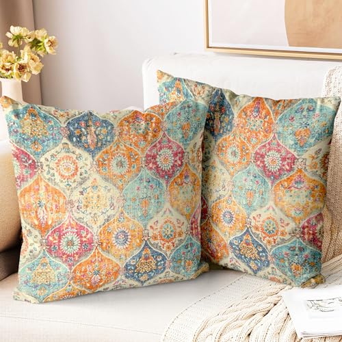 Boho Throw Pillow Covers 16x16 Inch Set of 2 - Soft Decorative Cushion Cases