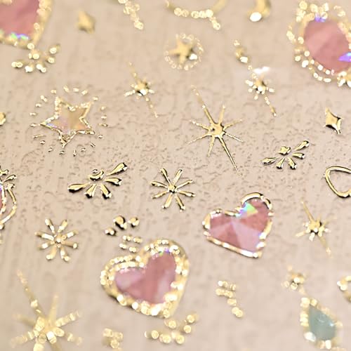 Rhspayh Valentines Nail Stickers02 Pink Heart 5D Embossed Self-Adhesive Nail Art Decals with Gold Bow Star