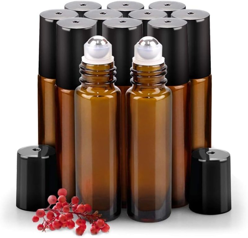 Essential Oil Roller Bottles - 12 Pack 10ml Amber Glass with Stainless Steel Caps for Travel & Perfume