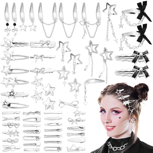 60 Pcs Y2K Goth Hair Clips Set - Silver Metal Barrettes & Accessories