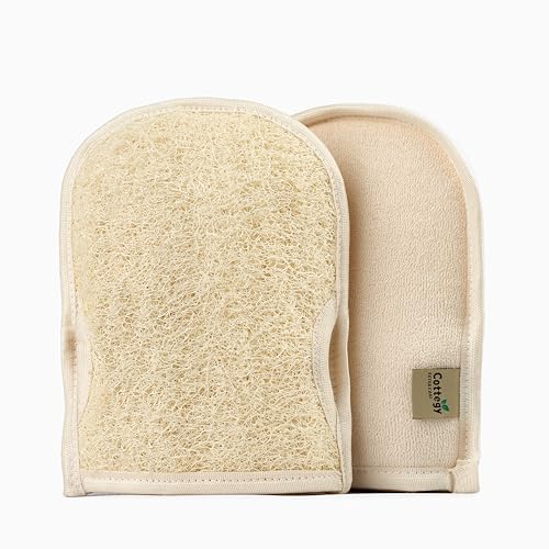 Cottegy Premium Exfoliating Loofah Gloves – 2-Pack Natural Egyptian Loufa Back Scrubbers with Left & Right Thumb Holes