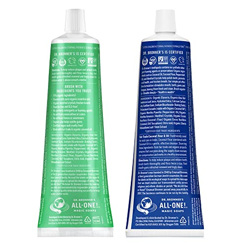 Dr. Bronner's Fluoride-Free Toothpaste, Peppermint & Spearmint, 5 oz (2-Pack) - Organic & Vegan