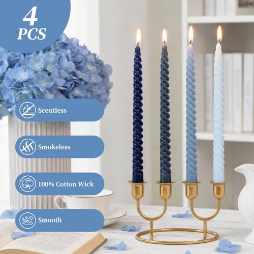 KONNI 10-Inch Blue Spiral Taper Candles - 4 Pack, Smokeless & Long Burning