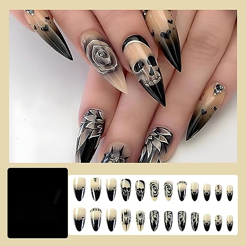 Goth Stiletto Press On Nails with Skull & Black Rose Design - 24 Pieces
