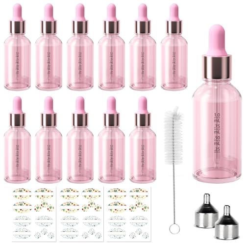CycleMore 12 Pack 1 oz Pink Glass Boston Bottles with Droppers