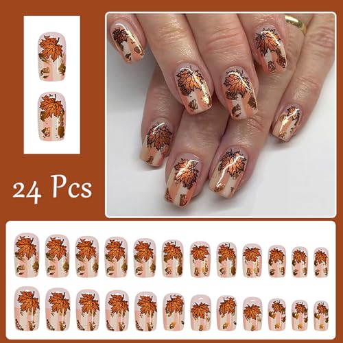 Fall Maple Leaf Press On Nails - Short Square 24-Pc Set with Nail Glue & File