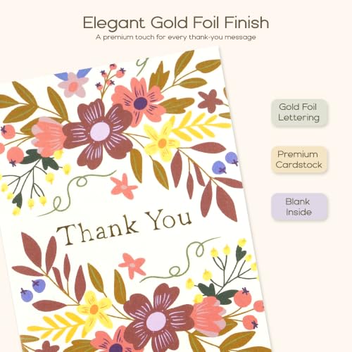 Thank You Cards Set - 12 Floral Design Cards with Envelopes & Stickers | 5x7 Gold Foil