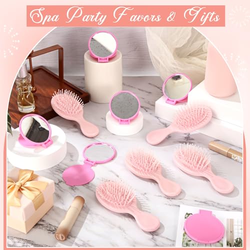 Pink 24 Pcs Mini Detangling Hair Brush & Compact Mirror Set for Spa & Travel