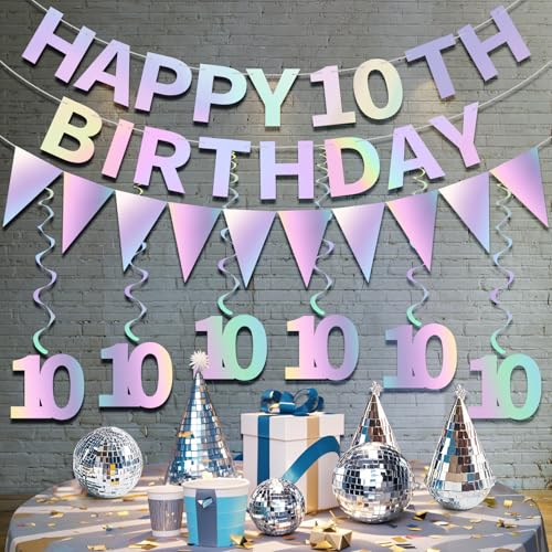 Iridescent 10th Birthday Decorations Kit - Happy 10th Banner & Swirls