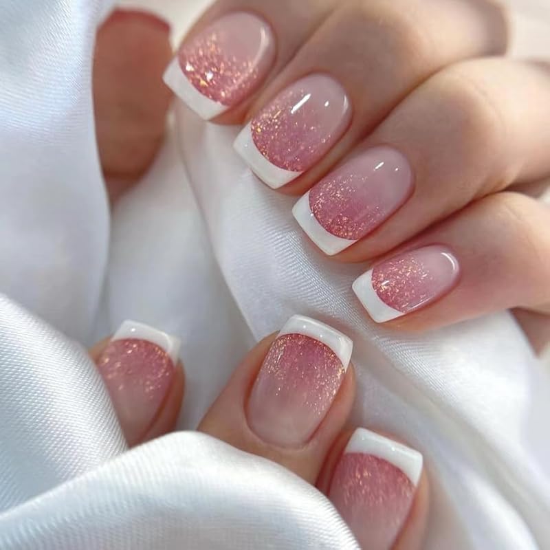 YUEJIMEIGUI Glitter French Tip Short Square Press On Nails 24pcs - Pink & Gold
