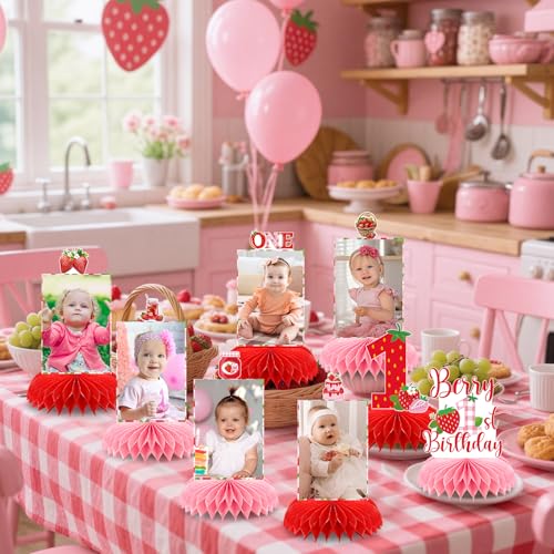 Berry First Birthday Honeycomb Decorations - 8 Pcs Table Topper Set
