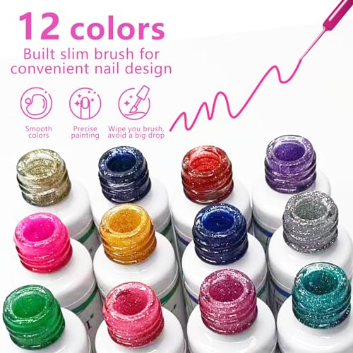 eodci Shiny Variation Reflective Glitter Nail Art Gel Liner Set – 12 Colors, Soak-Off with Thin Brush