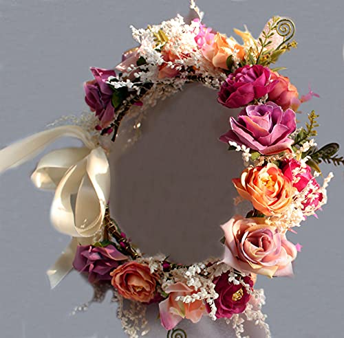 Vivivalue Floral Crown Headband for Women - Pink Boho Hair Wreath | Adjustable with Ribbon - Ideal for Weddings, Parties, and Costumes