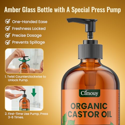 USDA Organic Castor Oil Glass Bottle 16oz, Hexane Free, Vegan, EWG Verified 100% Pure Castor Oil Organic Cold Pressed for Hair Growth | Face Skin | Eyelashes Brows | Body Massage Castor Oil Pack Wrap