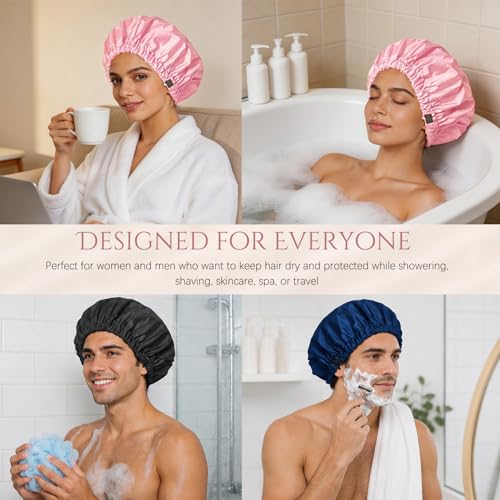 Pink Satin Lined Waterproof Shower Cap for Women - Extra Large, Reusable, Anti-Frizz Hair Protector