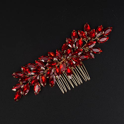 Teyglen Red Rhinestone Bridal Hair Comb Wedding Accessories for Women & Girls
