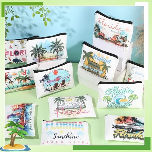 Florida Themed Canvas Makeup Bags - 12 Pack Zippered Cosmetic Pouches