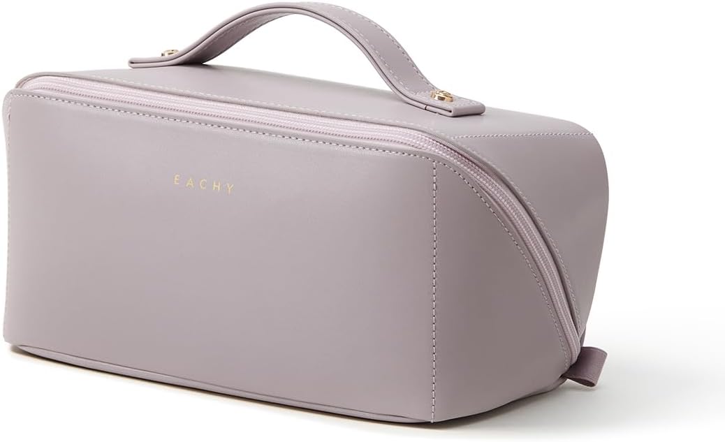 Travel Makeup Bag - Large Capacity Waterproof PU Leather Cosmetic Organizer | Flat Open Design for Skincare & Brushes