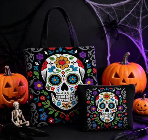 GRITOSE 2pcs Halloween Canvas Tote & Makeup Bag Set - Style25 Skull Print